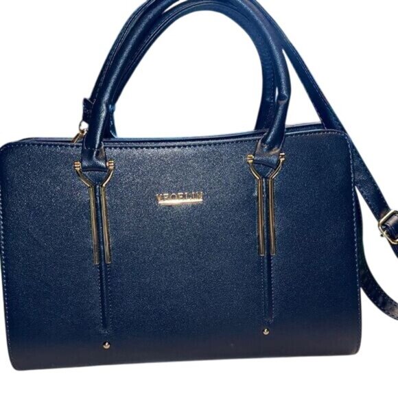 Veoelin Black Faux Leather Structured Handbag With Gold Accents & Detachable Str - Picture 1 of 9